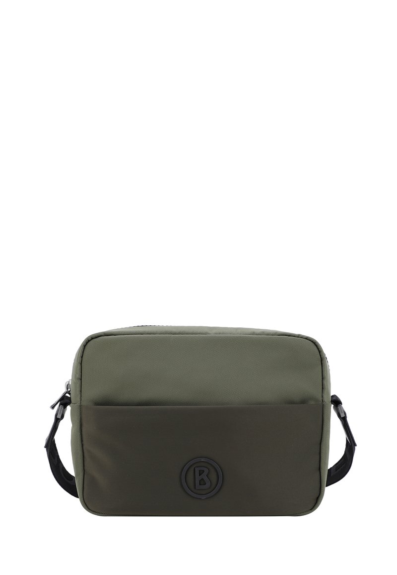 Borsa rettangolare realizzata in tessuto resistente di colore verde oliva, con una sezione inferiore di un verde scuro a contrasto e un logo nero sulla parte anteriore.