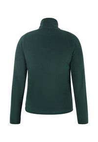 Donkergroen fleece shirt met lange mouwen en hoge kraag en een gladde textuur. Heeft een eenvoudig, effen ontwerp zonder patronen of versieringen.