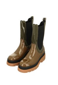 Glossy brown and olive green ankle boots with elastic side panels, black rubber sole, and reinforced toe, featuring a textured heel.