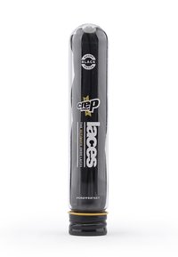 Round black shoelaces in a clear cylindrical packaging with a black base. Branding and product name printed in white and yellow text.