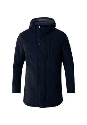 Abrigo de invierno largo para hombre, negro, con capucha, cierre frontal de cremallera, botones a presión y bolsillo en el pecho con cremallera, diseñado para el clima frío.