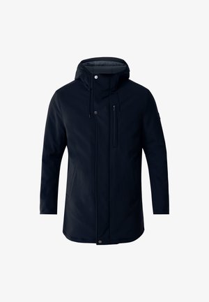 Manteau d'hiver long noir pour homme avec capuche, fermeture éclair à l'avant, boutons-pression et poche poitrine zippée, conçu pour les temps froids.