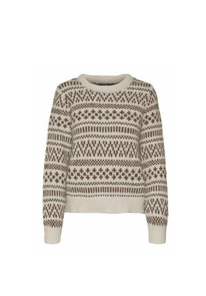 Knitāts džemperis bežā krāsā ar brūniem ģeometriskiem rakstiem. Tam ir apaļa kakla izgriezums un garas piedurknes, kā arī teksturēts apdare. Brīvs piegriezums.