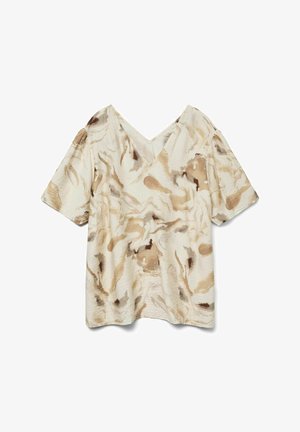 Lühikeste varrukatega, V-kaelusega blousee kreemjas värvitoonis, millel on abstraktsed beežid ja pruunid kujundid. Valmistatud kergest kangast, millel on peen tekstuur.