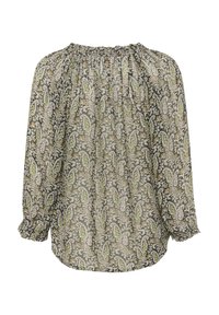 Mönstrad blus med långa ärmar, sammanknuten halsringning och elastiska muddar. Har en blommig design i grönt, gult och vitt på en grå bakgrund.