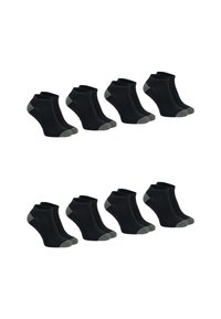 Ensemble de chaussettes noires mi-mollet avec des accents gris contrastants au niveau du talon et des orteils. Texture douce, design léger, six paires disposées en deux rangées.