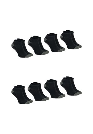 Ensemble de chaussettes noires mi-mollet avec des accents gris contrastants au niveau du talon et des orteils. Texture douce, design léger, six paires disposées en deux rangées.