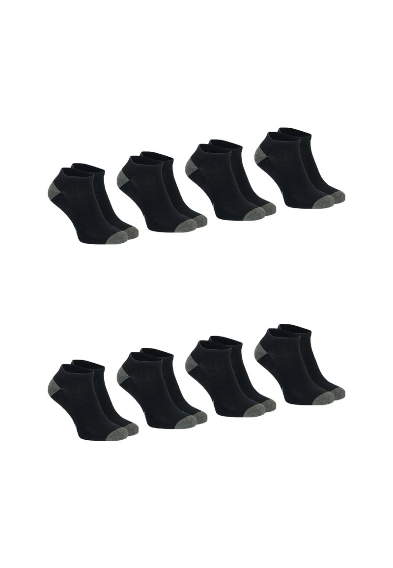 Ensemble de chaussettes noires mi-mollet avec des accents gris contrastants au niveau du talon et des orteils. Texture douce, design léger, six paires disposées en deux rangées.