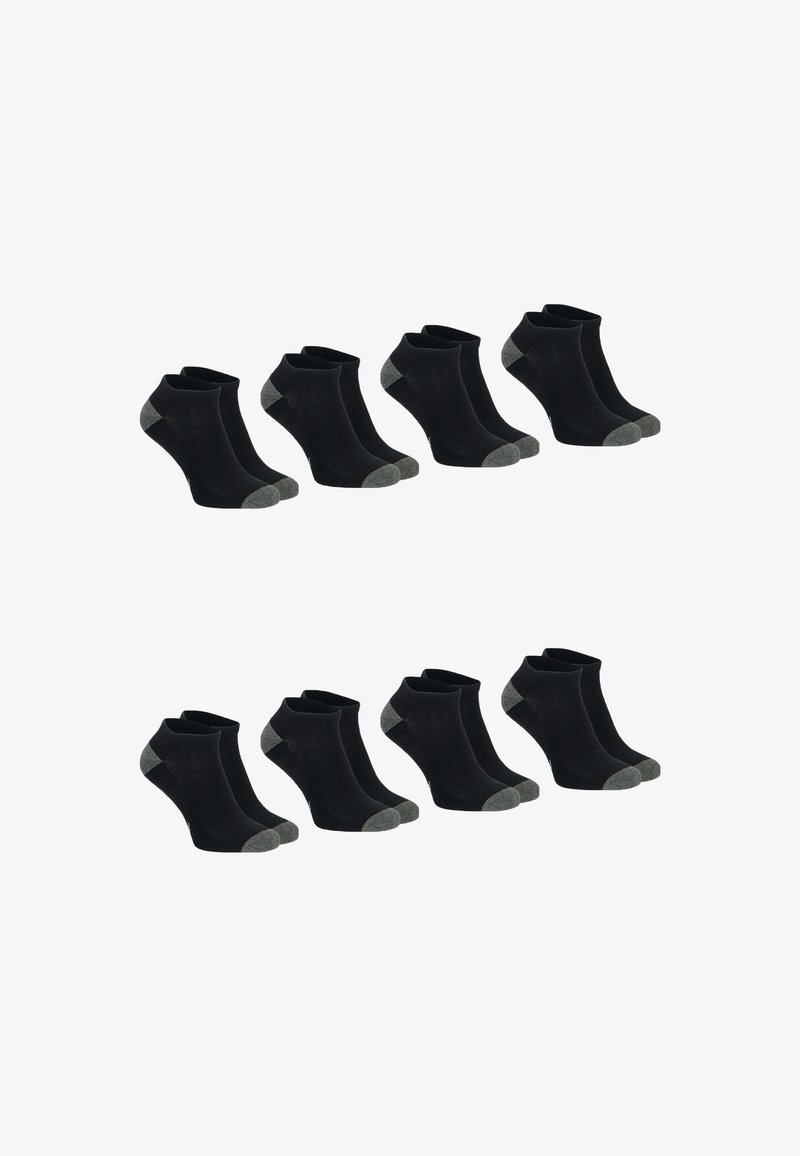 Ensemble de chaussettes noires mi-mollet avec des accents gris contrastants au niveau du talon et des orteils. Texture douce, design léger, six paires disposées en deux rangées.
