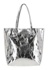 Silberne metallic Tragetasche mit glatter Textur, strukturiertem Design, zwei Griffen und minimalen Hardware-Akzenten. Ideal für den täglichen Gebrauch.