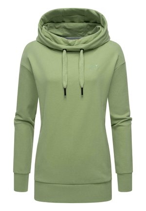 Light green hoodie with a large, adjustable cowl neck, drawstrings, long sleeves, ribbed cuffs, and a small embroidered logo on the chest.