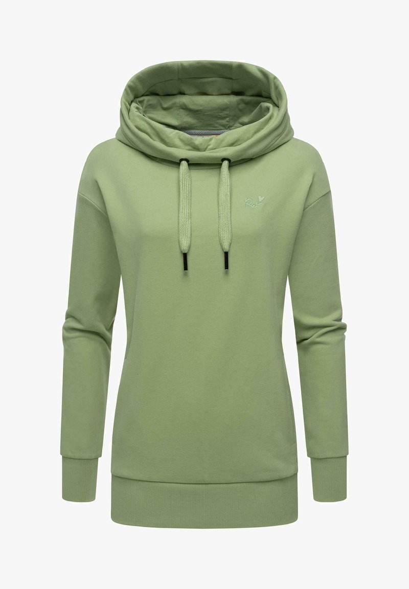 Lichtgroene hoodie met een grote, verstelbare kraag, trekkoorden, lange mouwen, ribgebreide manchetten en een klein geborduurd logo op de borst.