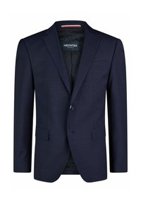 Blazer ajusté bleu marine avec un motif à carreaux subtil, fermeture à un bouton, deux poches avant et une doublure intérieure imprimée.