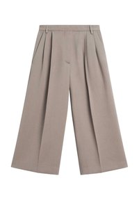 Hose mit weitem Bein aus einem hellen Taupe-Stoff mit glatter Textur, versehen mit vorderen Bundfalten und Seitentaschen.