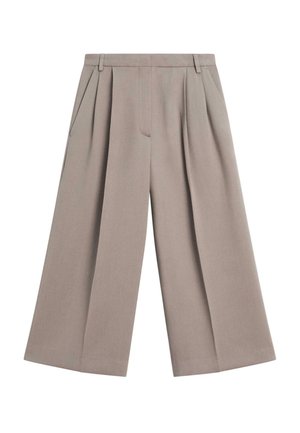 Wijde broekspijpen van licht taupekleurige stof met een gladde textuur, voorzien van voorplooien en zijzakken.