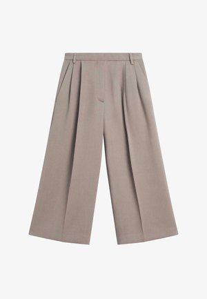 Wijde broekspijpen van licht taupekleurige stof met een gladde textuur, voorzien van voorplooien en zijzakken.