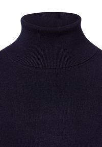 Marineblauer Rollkragenpullover aus einem gerippten Strickmaterial. Verfügt über einen hohen, enganliegenden Kragen und einen glatten, dehnbaren Stoff. Nahaufnahme des Kragenbereichs.