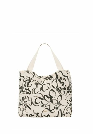 Beżowa torba typu tote z szerokimi uchwytami na ramię i abstrakcyjnym czarnym wzorem pociągnięć pędzla na całej powierzchni.
