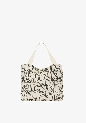 Beżowa torba typu tote z szerokimi uchwytami na ramię i abstrakcyjnym czarnym wzorem pociągnięć pędzla na całej powierzchni.