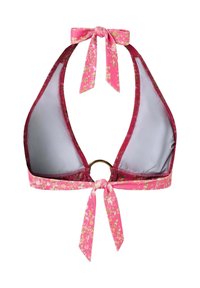 Pink blomster halter bikinitop med trekantskopper, guldringdetalje i midten og bindebånd ved nakke og ryg.