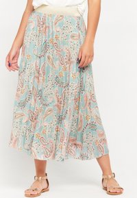 Light blue, patterned maxi skirt with paisley and floral designs. Features a stretchy, textured waistband. Made from lightweight fabric.