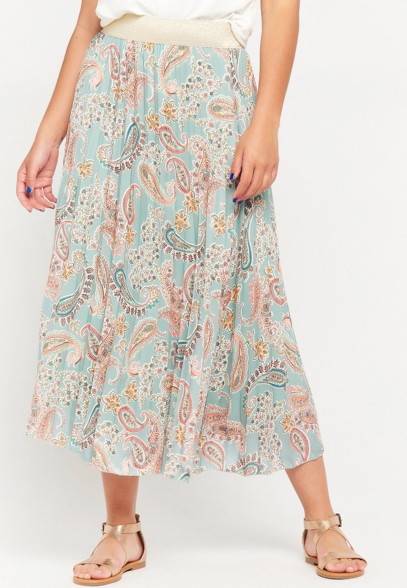 Light blue, patterned maxi skirt with paisley and floral designs. Features a stretchy, textured waistband. Made from lightweight fabric.