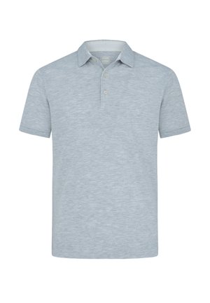 Jasnoszara koszulka polo z krótkim rękawem, miękkim kołnierzem i dwuklubowymi guzikami, wykonana z fakturowanej tkaniny.