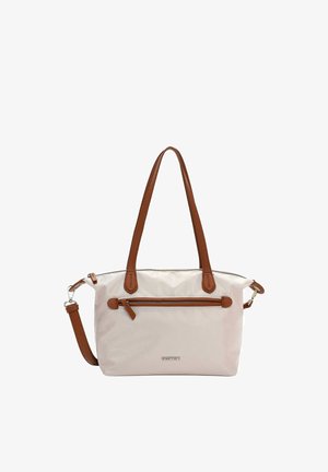 Beige rechthoekige handtas met bruine leren handvatten, afneembare schouderband en voorvak met rits op een witte achtergrond.