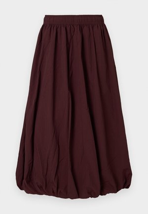 Fustă elastică bordeaux cu un design voluminos și pliat. Siluetă în formă de A, fabricată dintr-un material texturat ușor.