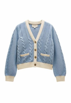 Light blue cable-knit cardigan with cream trim, front buttons, two pockets, and long sleeves.