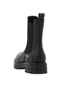 Black leather ankle boots with elastic sides, leopard print accents, and textured rubber soles, featuring a pull tab at the back for easy wear.