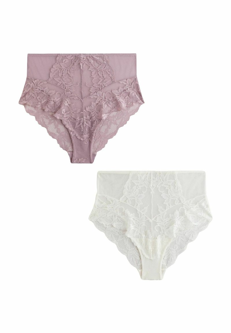 Spitzen-Hochbundslips in Mauve und Weiß. Mit floralen Spitzen-Details, weichem elastischem Bund und halbtransparenter Fütterung.
