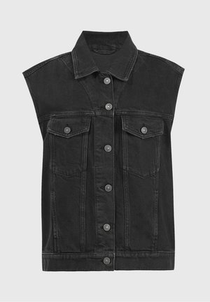 Sort ærmeløs denimvest med knaplukning foran og to brystlommer med knapklap på en lys grå baggrund.