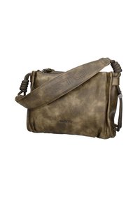 Borsa a tracolla in finta pelle marrone con superficie testurizzata, chiusura con zip, tracolla regolabile e dettagli con logo sulla parte anteriore.