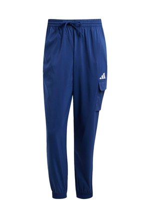 Pantaloni sportivi blu navy realizzati in tessuto leggero. Caratterizzati da una vita elastica con coulisse e una tasca cargo laterale.