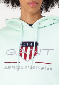 Mintgroene hoodie met een geborduurd schildlogo en rode en blauwe strepen, zilveren oogjes en een trekkoord voor aanpassing.
