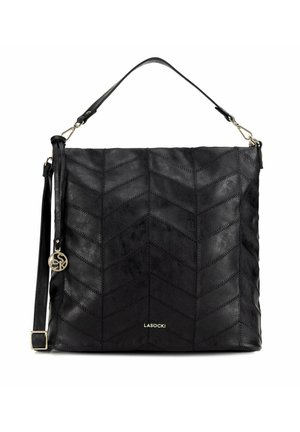 Schwarze Lederhandtasche mit Chevron-Steppmuster, einem einzelnen oberen Griff, verstellbarem Schulterriemen und goldenem Markenlogo "Lasocki" unten in der Mitte.