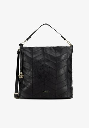 Black leather handbag with chevron stitching, single top handle, adjustable shoulder strap, and gold brand logo "Lasocki" at the bottom center.