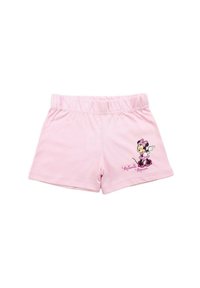 Shorts en coton rose avec une taille élastique. Présente un motif de Minnie Mouse et le texte "Minnie Mouse" brodé sur le coin inférieur gauche.