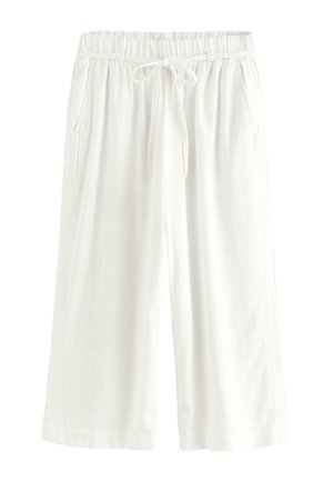 Pantaloni bianchi a gamba larga corti con vita elasticizzata e coulisse annodata, con tasche laterali e vestibilità comoda.