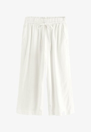 Pantaloni bianchi a gamba larga corti con vita elasticizzata e coulisse annodata, con tasche laterali e vestibilità comoda.