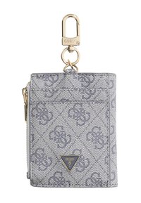 Portafoglio grigio a motivi con hardware dorato e clip, dotato di un'etichetta logo triangolare e chiusura con zip. Materiale testurizzato.