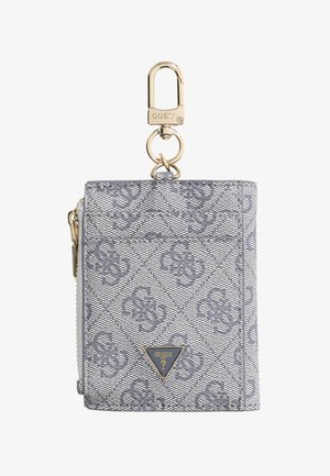 Portafoglio grigio a motivi con hardware dorato e clip, dotato di un'etichetta logo triangolare e chiusura con zip. Materiale testurizzato.
