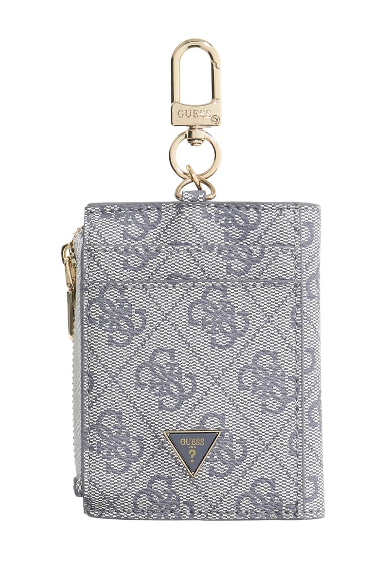 Portafoglio grigio a motivi con hardware dorato e clip, dotato di un'etichetta logo triangolare e chiusura con zip. Materiale testurizzato.