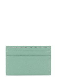 Portafoglio in pelle color verde pastello con una finitura texturizzata. Presenta più scomparti per carte e cuciture sottili lungo i bordi.