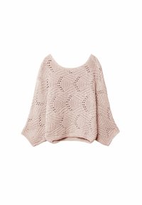 Hellrosa gestrickter Pullover mit einem geometrischen Spitzenmuster und weiten Ärmeln, flach auf einem weißen Hintergrund präsentiert.