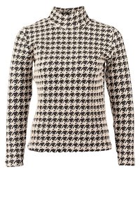 Zwart-wit longsleeve coltrui met houndstooth-patroon en een gebreide, gestructureerde stof.
