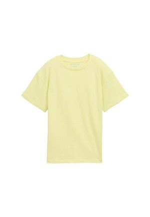 Korte mouw, ronde hals t-shirt in pastelgeel, gemaakt van zachte katoen, met een ontspannen pasvorm en een eenvoudig ontwerp zonder patronen of accenten.