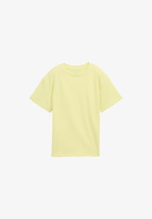 Korte mouw, ronde hals t-shirt in pastelgeel, gemaakt van zachte katoen, met een ontspannen pasvorm en een eenvoudig ontwerp zonder patronen of accenten.