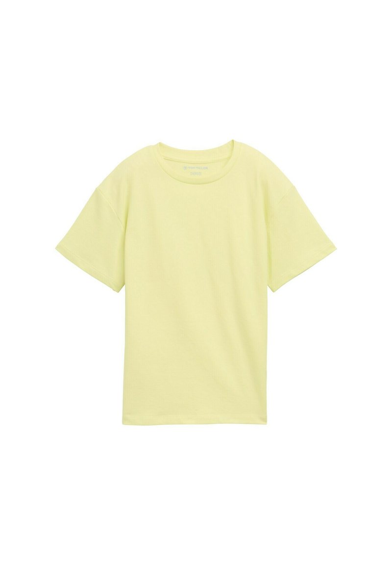Koszulka z krótkim rękawem, okrągłym dekoltem w pastelowym kolorze żółtym, wykonana z miękkiej bawełny, z luźnym krojem i prostym wzorem, bez jakichkolwiek wzorów czy akcentów.